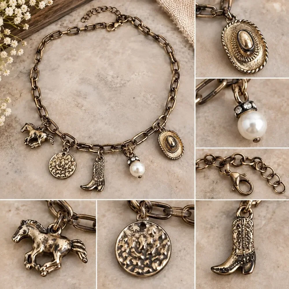 Western Cowboy Charm Necklace Copper Tone Horse Boot Hat Pearl Chain